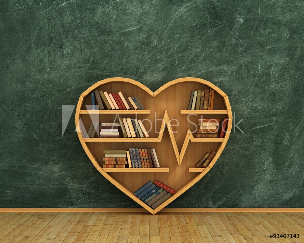 Afbeeldingen van Concept of training Wooden bookshelf full of books in form of h